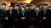 Left to right: Class of 1959 Alumni at Commencement: Drs. Chester Berschling, Marion Zucker Goldstein, Itamar Salamon, Arnold Lieber, Evelyne Albrecht Schwaber, Mark Reiss, Michael Heitler, Henry Spector, Irwin Bernhardt, Louis Aledort, Marvin Kirschner