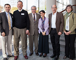 The day's featured presenters (from left) David Sinclair, Ph.D., Mark Collins, Nir Barzilai, M.D., Ana Maria Cuervo, M.D., Ph.D., Dr. Thomas Rando, M.D., Ph.D.,  and Jill Crandall, M.D.