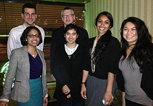 Dr. Jahangir (second from right) with fellow members of Einstein’s Entrepreneurship and Biotechnology Club and a recent guest speaker, Dr. Nathan Tinker. Others pictured include (from left, front row): Keisha Thomas, Saima Limi and Danielle Pasquel; (and back row): Nicholas McKeehan and Dr. Tinker