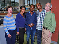 Dr. Birshtein, Zenna Solomon and Dr. Steinman pose with physiology instructors at Hawassa ?(from left) Tesfaye Teshome and Tadesse Yohannes