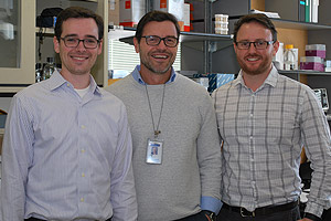 Co-lead authors Brian O’Rourke, Ph.D. and Adam Kramer with Dr. Sharp (center)