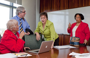 Mary Bonsignore (far left) and Mary St. Mark (far right) during a meeting with current CERC director, Dr. Robert Marion, and Joanne Siegel 