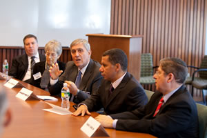 Allen M. Spiegel, M.D., Dean (center), hosts roundtable with Einstein stem cell researchers and Governor David A. Paterson