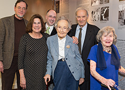 Remembering Dr. Korey: A special tribute, held in November 2013, honored the legacy Dr. Saul Korey left at Einstein. Those in attendance included daughter Cathie (second from left) and his widow Doris (at far right). Also picture (from left) are Drs. Steven Walkley, Mark Mehler, Isabelle Rapin and Lewis Rowland.