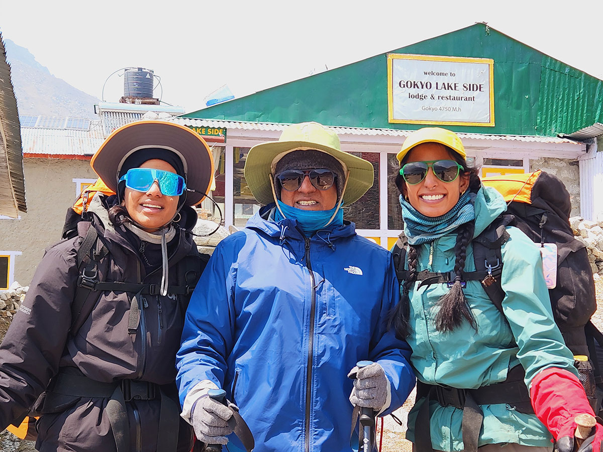 Brinda, KH, and Amrita Ramesh at Gokyo Lake Side Lodge the day before the big climb to Ri (17,575 ft).