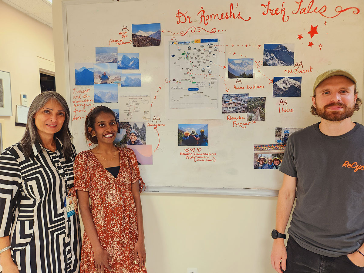 Ramesh lab members from (L to R): Mahnaz Zohouri, Jacyntha Thomas, Alex Brown tracked his journey.