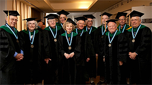 Left to right: Class of 1959 Alumni at Commencement: Drs. Chester Berschling, Marion Zucker Goldstein, Itamar Salamon, Arnold Lieber, Evelyne Albrecht Schwaber, Mark Reiss, Michael Heitler, Henry Spector, Irwin Bernhardt, Louis Aledort, Marvin Kirschner