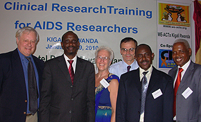 Dr. Michael Mulvihill, Einstein faculty; Dr. Richard Sezibera, Honorable Minister of Health, Rwanda; Dr. Kathryn Anastos, Einstein faculty and WE-ACTx cofounder; Dr. Hillel Cohen, Einstein faculty; Dr. Eugene Mutimura, WE-ACTx director of research and scientific capacity building; and Simon Ntare, WE-ACTx country director, Rwanda